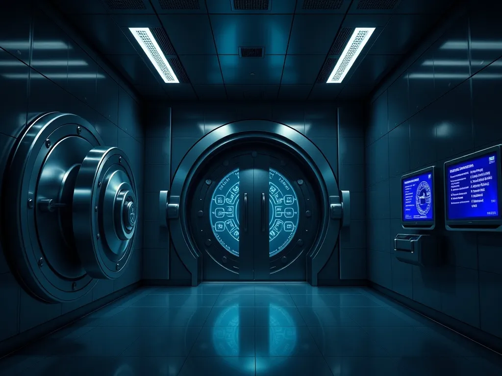 A high-tech modern bank vault interior with heavy steel door